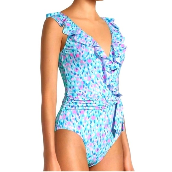 Lilly Pulitzer Delphie one-piece blue pink leopard spot print swimsuit womens 2 - Picture 2 of 13